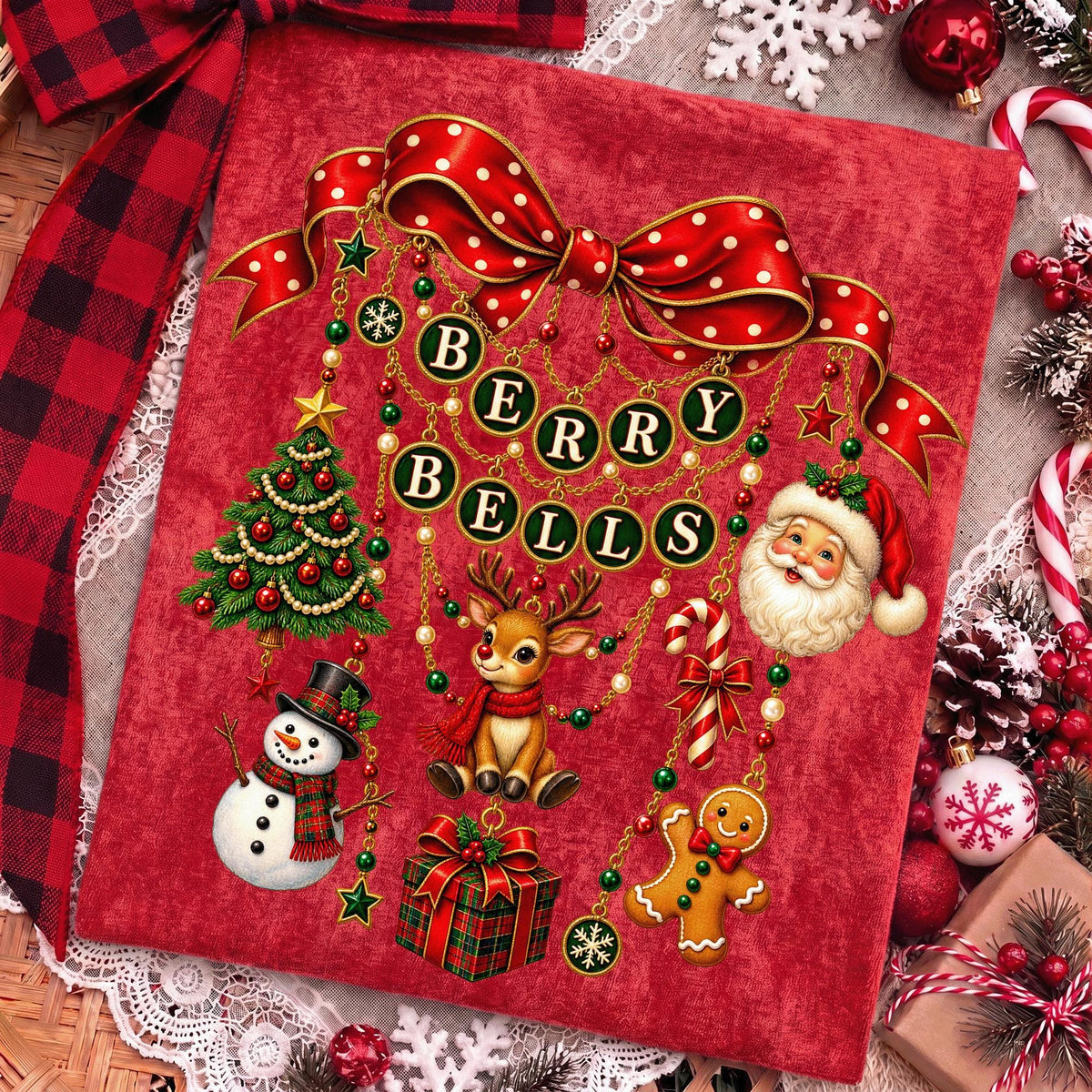 vintage coquette Christmas charm bow with berries and bells PNG design - image 7