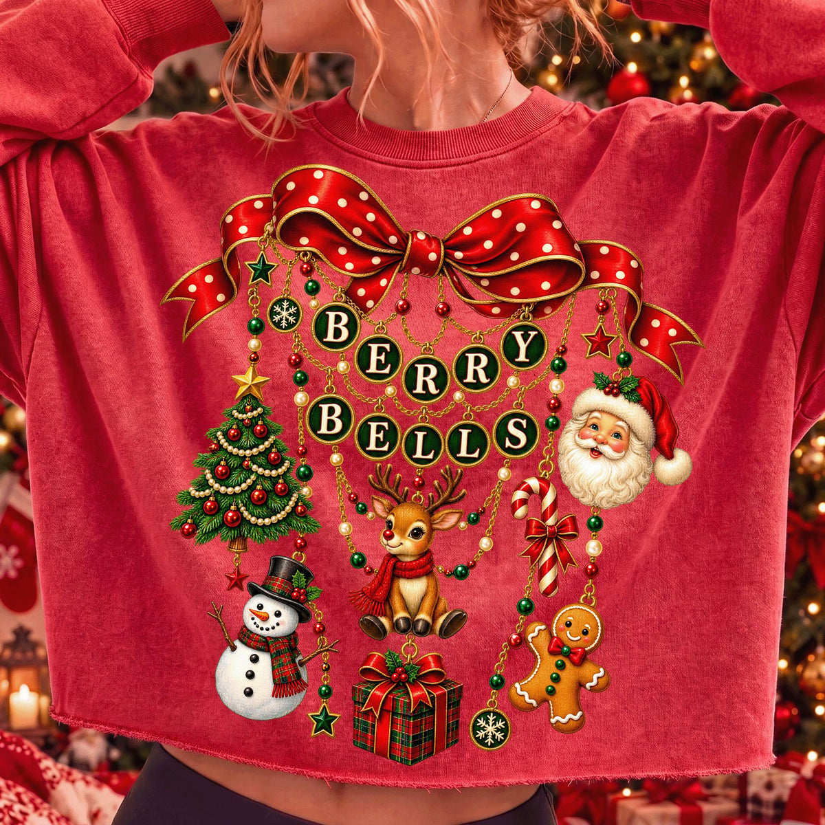 vintage coquette Christmas charm bow with berries and bells PNG design - image 3