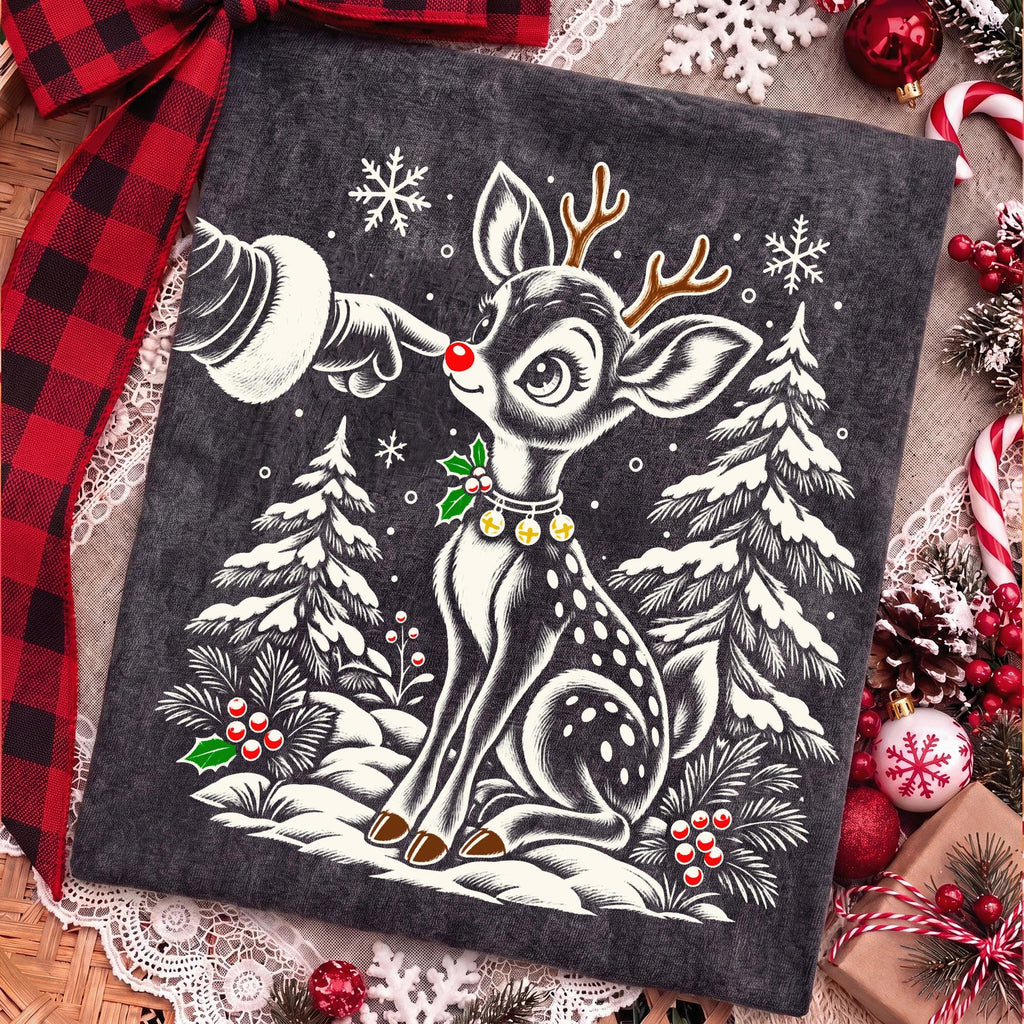 Vintage reindeer Christmas PNG with Santa hand booping a fawn nose - image 5