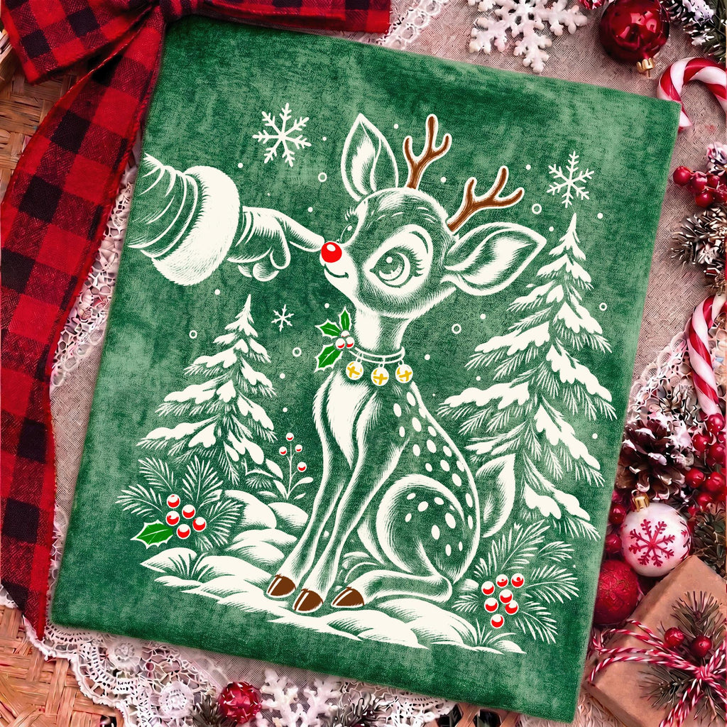 Vintage reindeer Christmas PNG with Santa hand booping a fawn nose - image 7