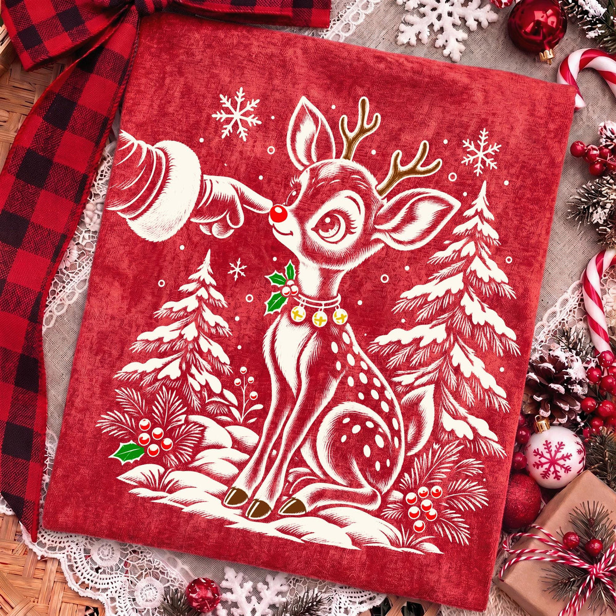 Vintage reindeer Christmas PNG with Santa hand booping a fawn nose - image 6