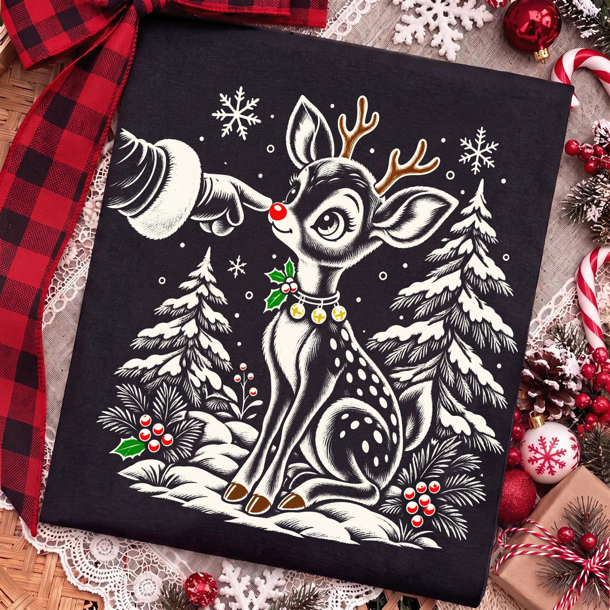 Vintage reindeer Christmas PNG with Santa hand booping a fawn nose - image 4