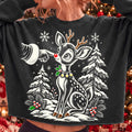 Vintage reindeer Christmas PNG with Santa hand booping a fawn nose