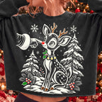Vintage reindeer Christmas PNG with Santa hand booping a fawn nose
