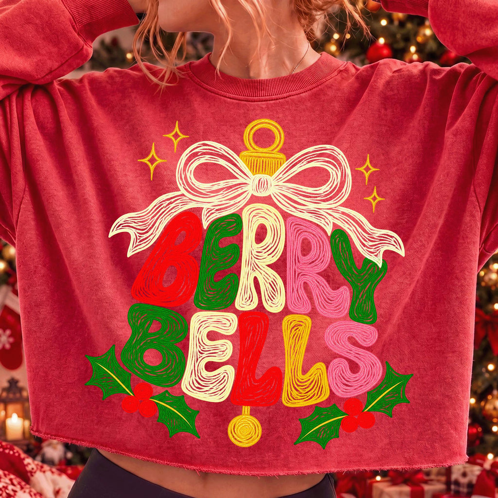 Berry Bells faux embroidery Christmas PNG with retro coquette bow - image 4
