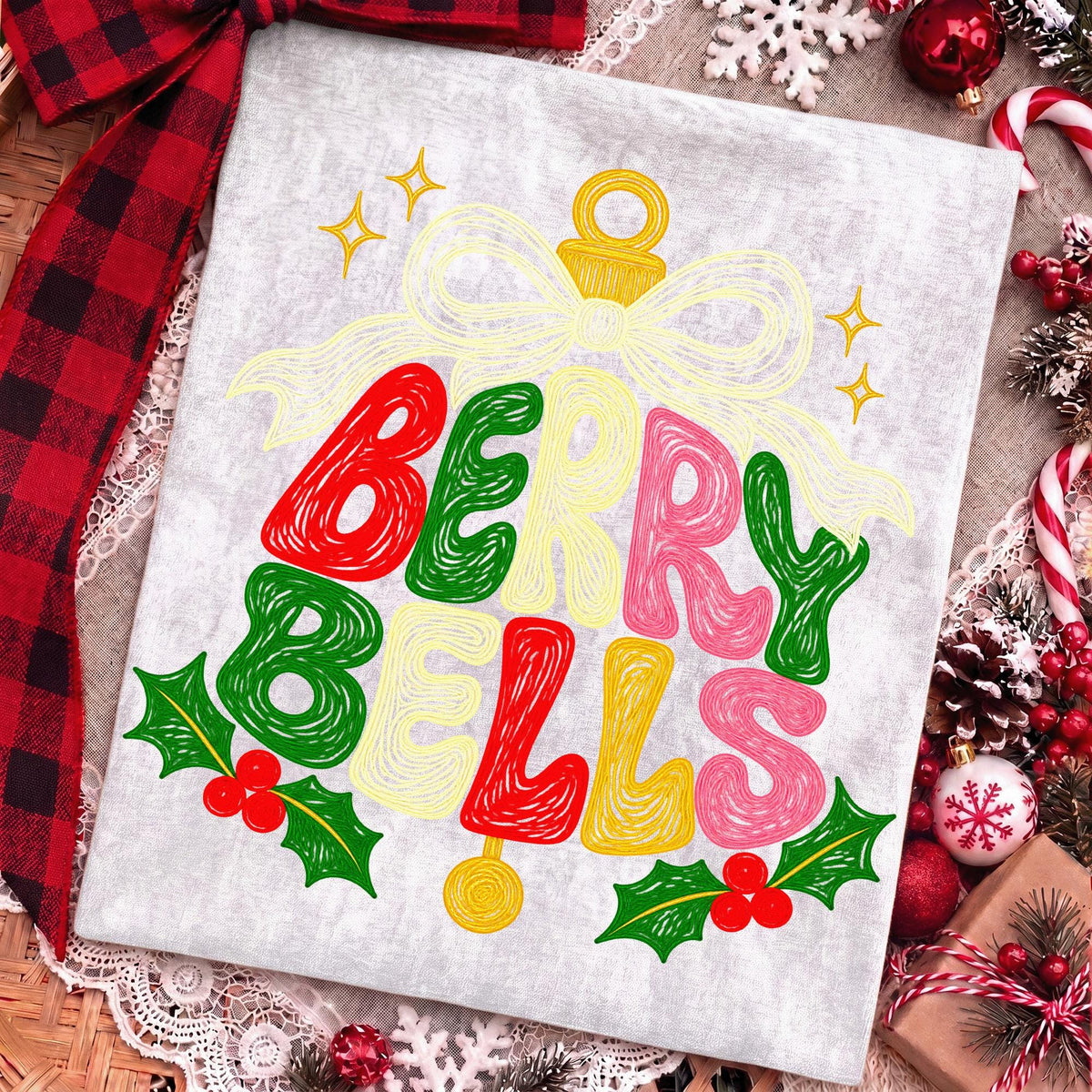 Berry Bells faux embroidery Christmas PNG with retro coquette bow - image 6