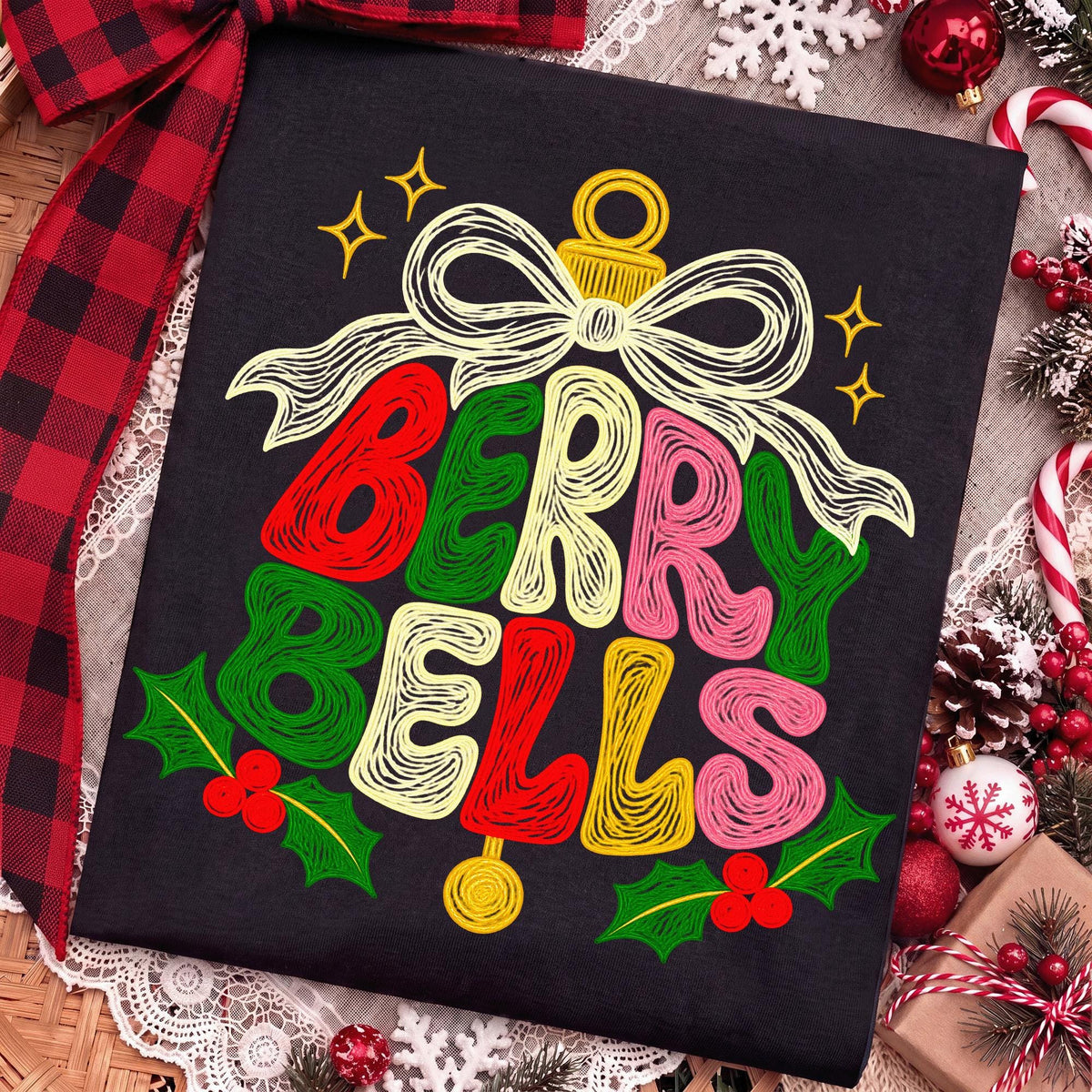 Berry Bells faux embroidery Christmas PNG with retro coquette bow - image 3