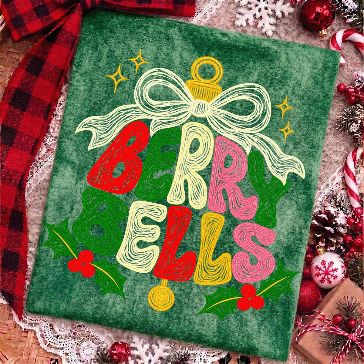 Berry Bells faux embroidery Christmas PNG with retro coquette bow - image 9