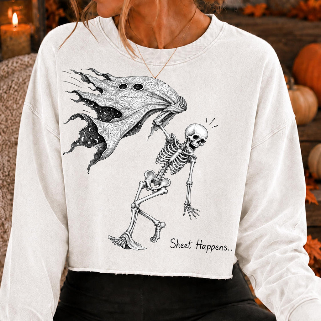 Sheet Happens gothic skeleton Halloween PNG vintage black and white design