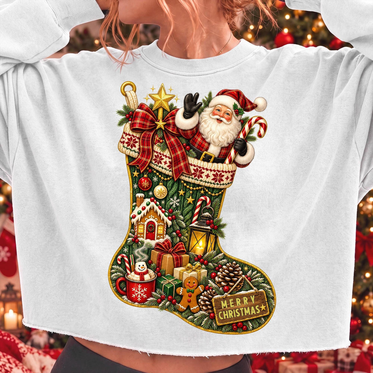 vintage Christmas stocking with Santa Claus PNG design - image 2
