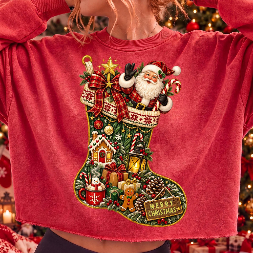 vintage Christmas stocking with Santa Claus PNG design - image 3