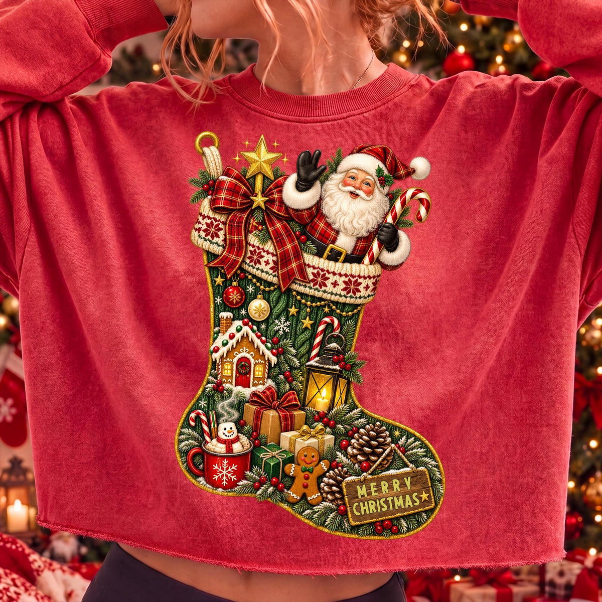 vintage Christmas stocking with Santa Claus PNG design - image 3