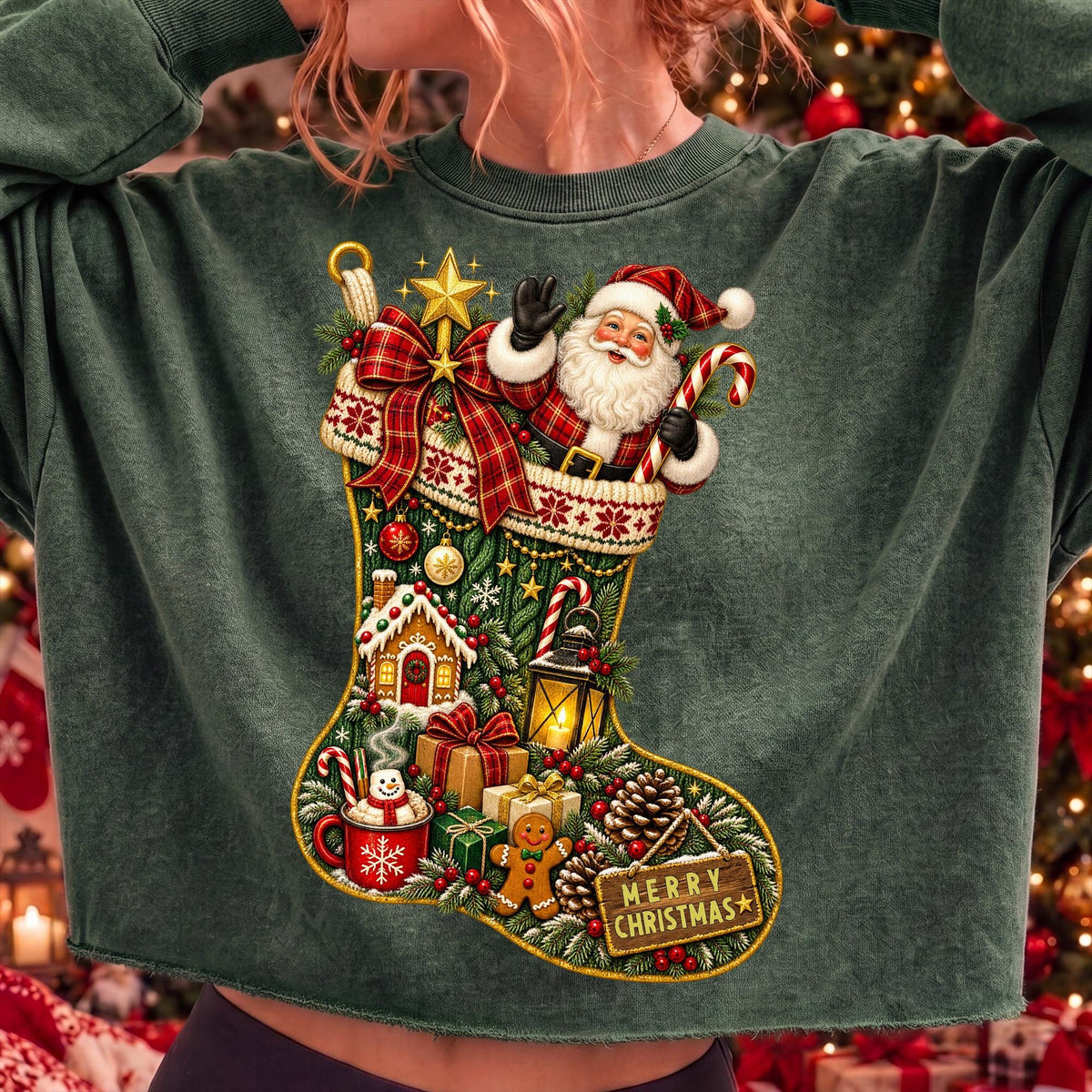 vintage Christmas stocking with Santa Claus PNG design - image 6