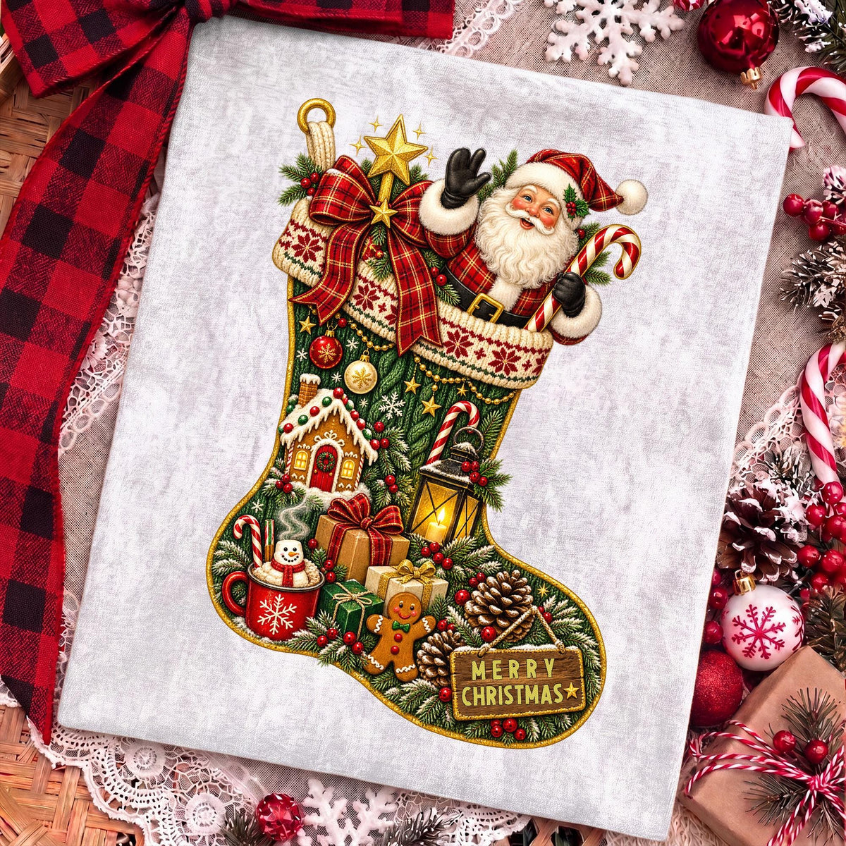 vintage Christmas stocking with Santa Claus PNG design - image 4