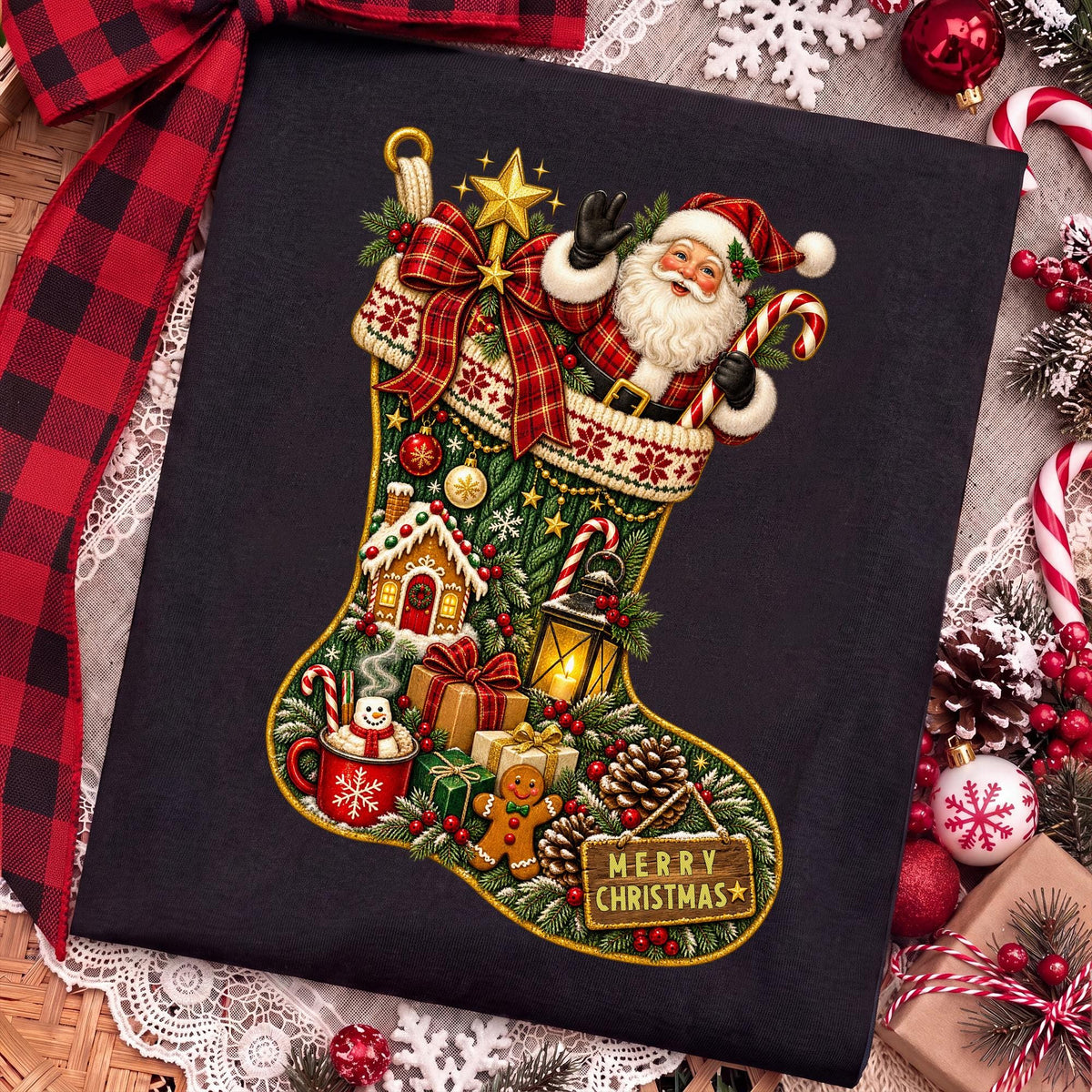 vintage Christmas stocking with Santa Claus PNG design - image 9