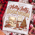 Holly Jolly Bookworm Christmas reading chair cat and cocoa PNG design - image 4