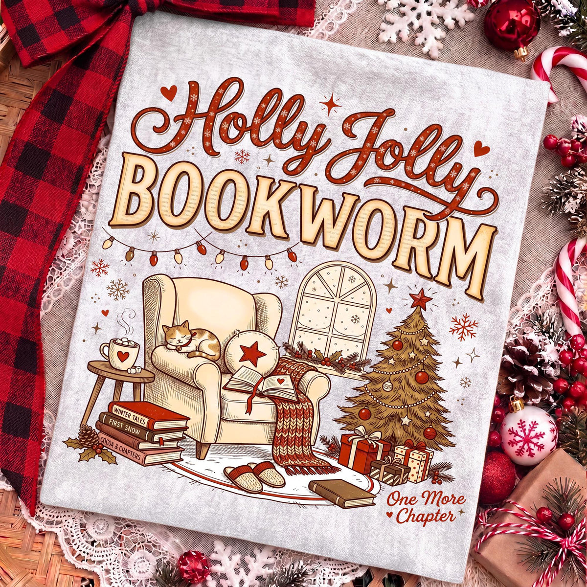 Holly Jolly Bookworm Christmas reading chair cat and cocoa PNG design - image 4