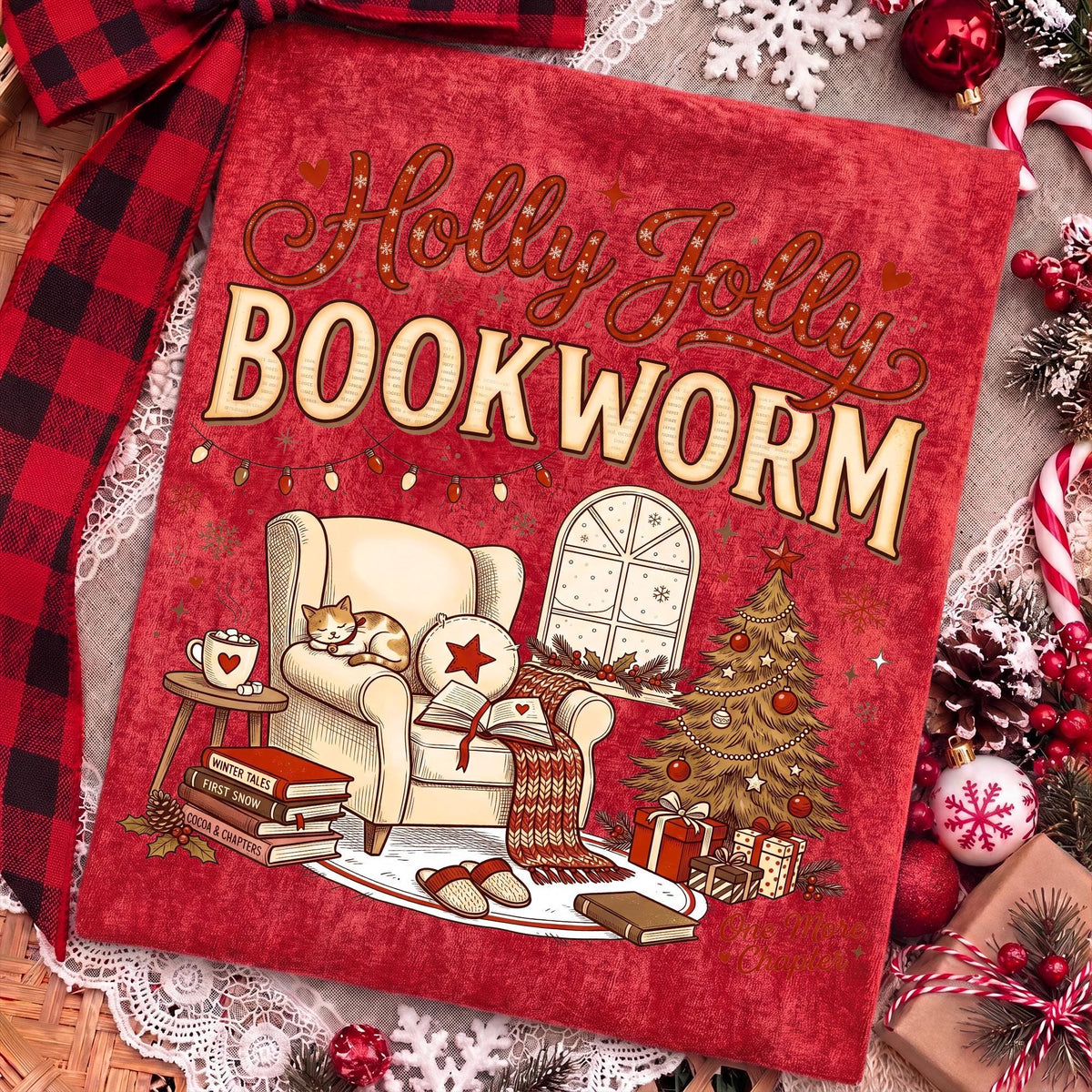 Holly Jolly Bookworm Christmas reading chair cat and cocoa PNG design - image 7