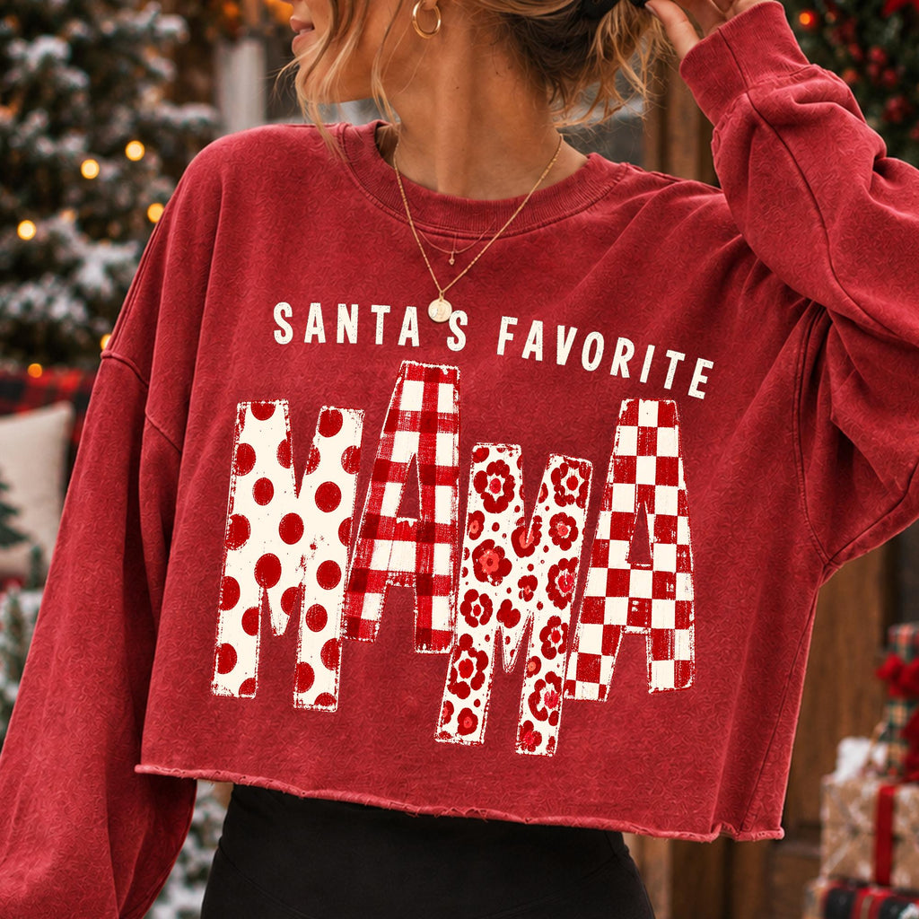 Santa's Favorite Mama Christmas PNG with polka dot gingham floral lettering