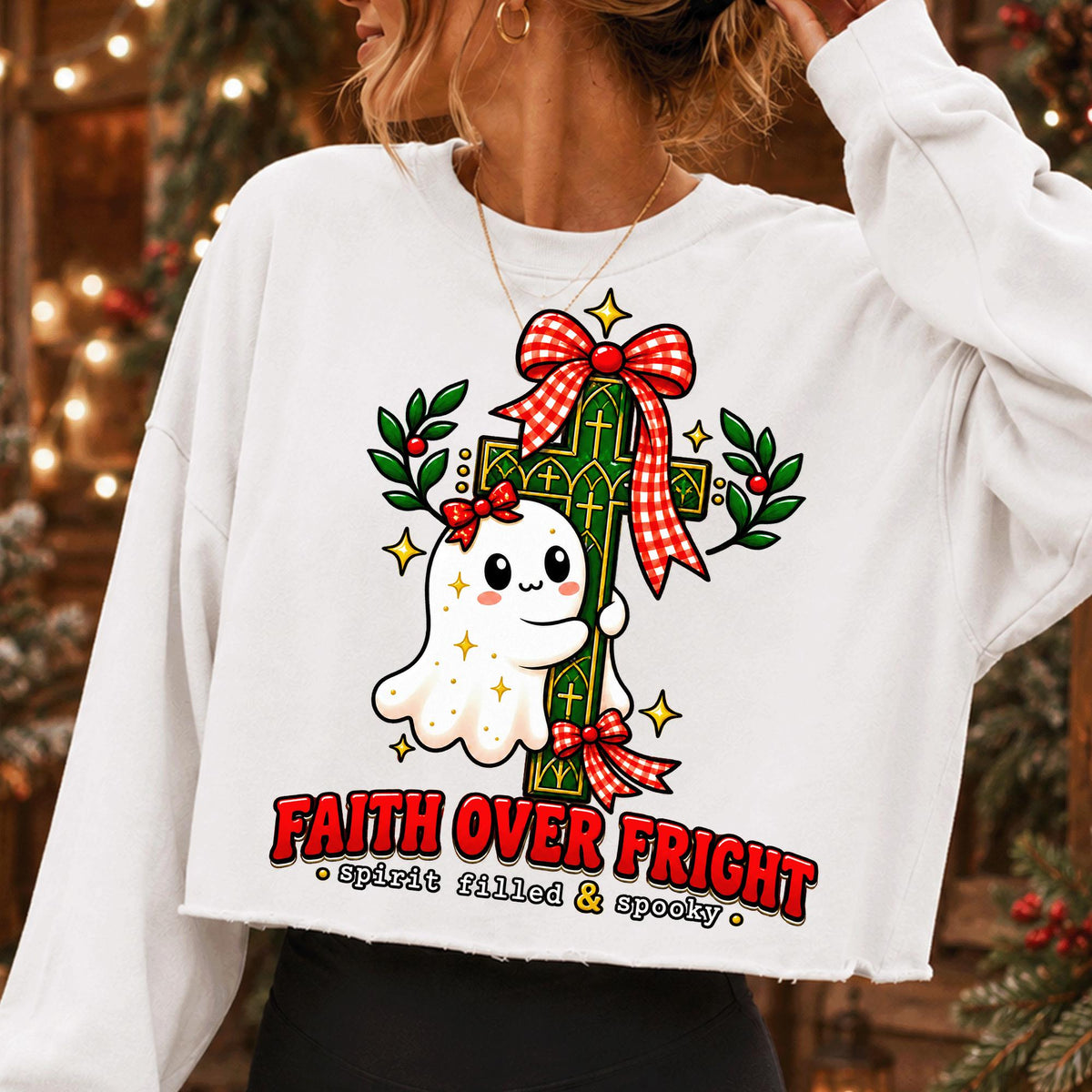 Faith Over Fright Christian Halloween PNG with ghost hugging a cross - image 5