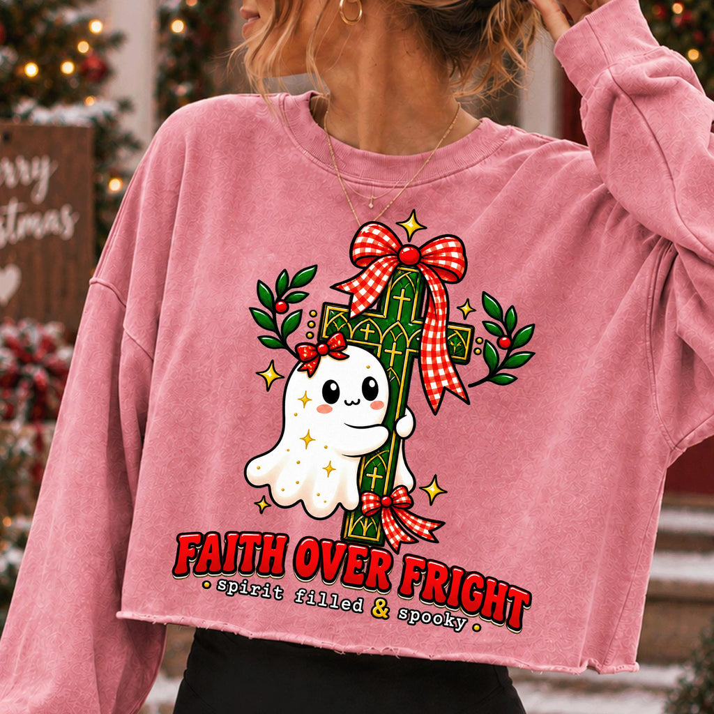Faith Over Fright Christian Halloween PNG with ghost hugging a cross - image 9