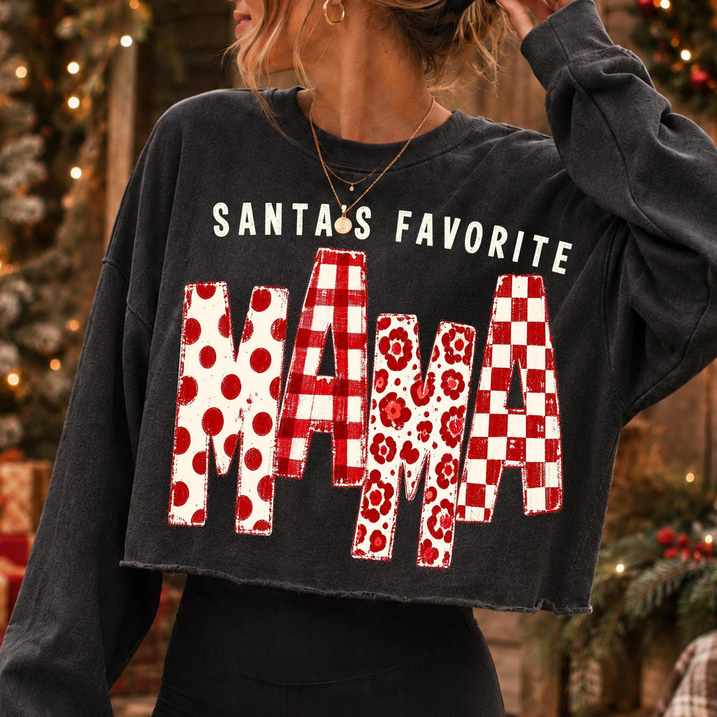 Santa's Favorite Mama Christmas PNG with polka dot gingham floral lettering - image 2