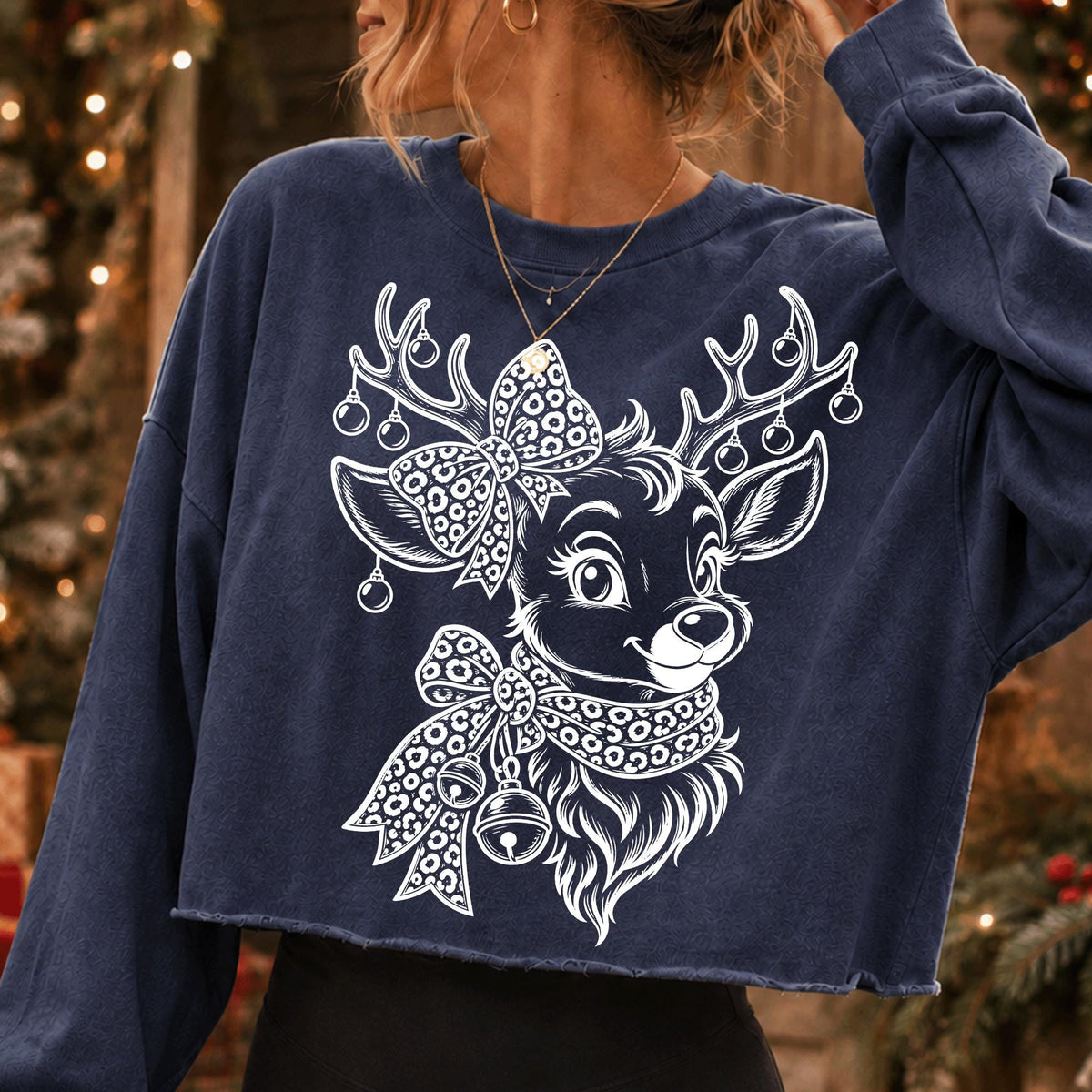 Coquette Christmas reindeer PNG with leopard print bows and ornaments - image 10