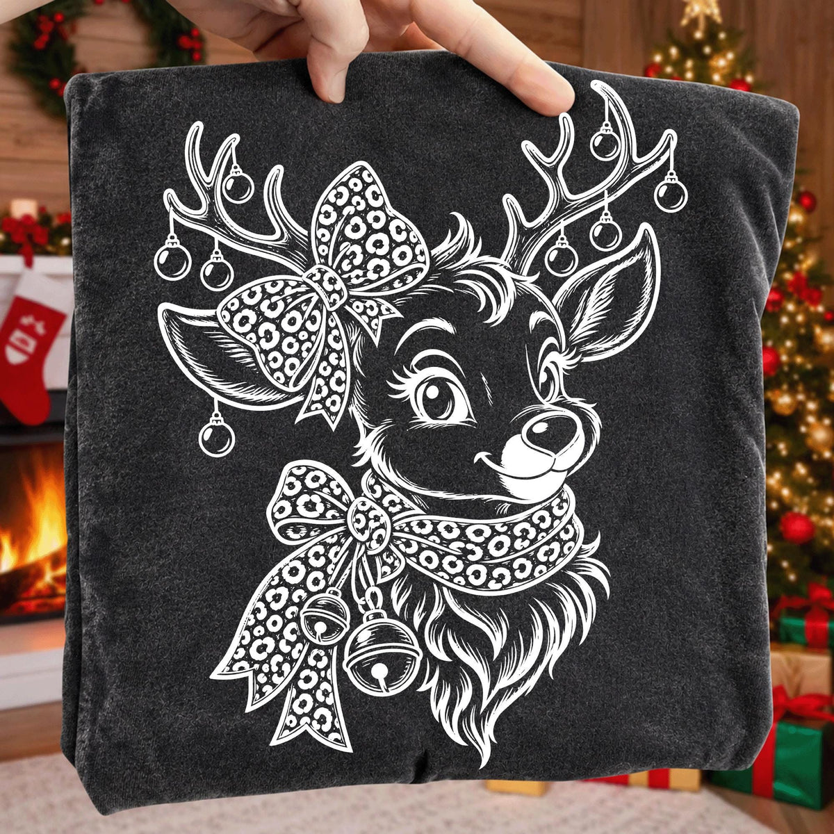 Coquette Christmas reindeer PNG with leopard print bows and ornaments - image 6