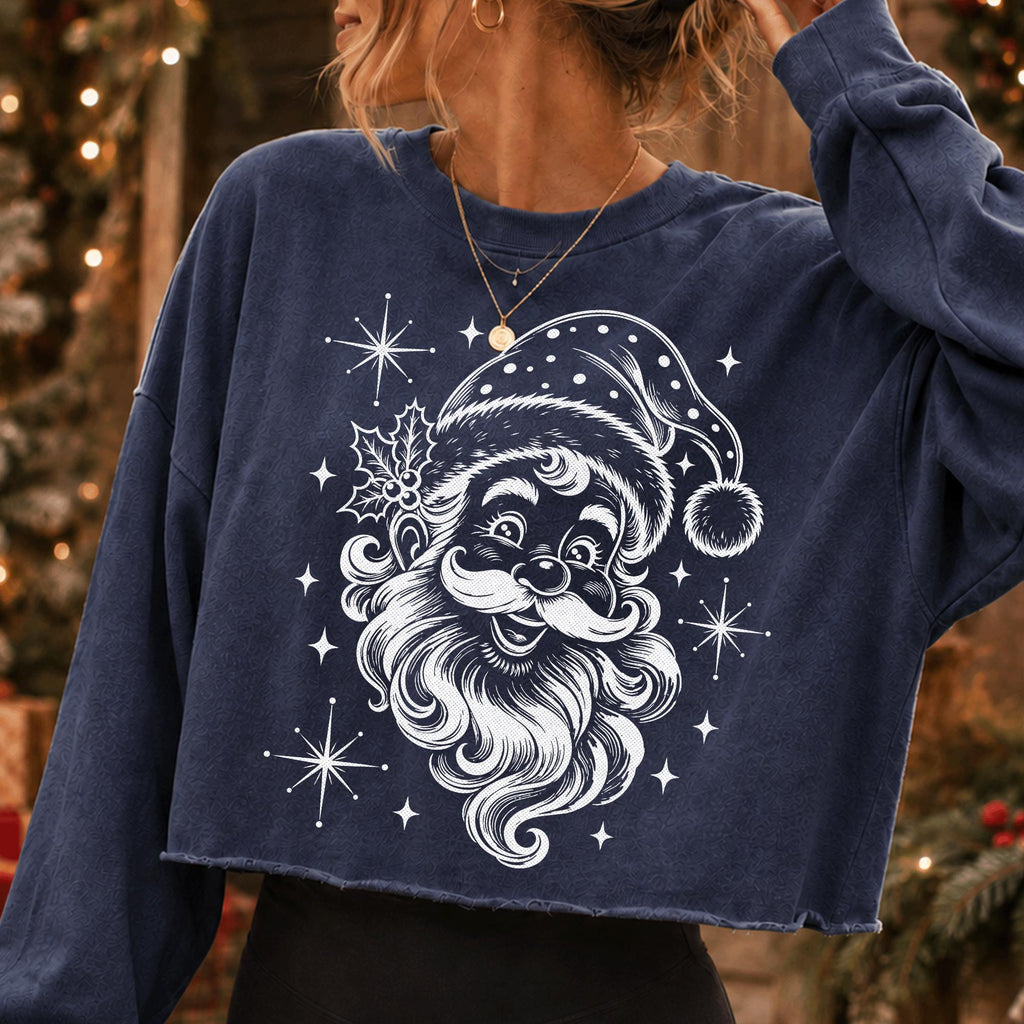 Vintage Santa Claus face PNG in white engraving line art for dark shirts - image 4
