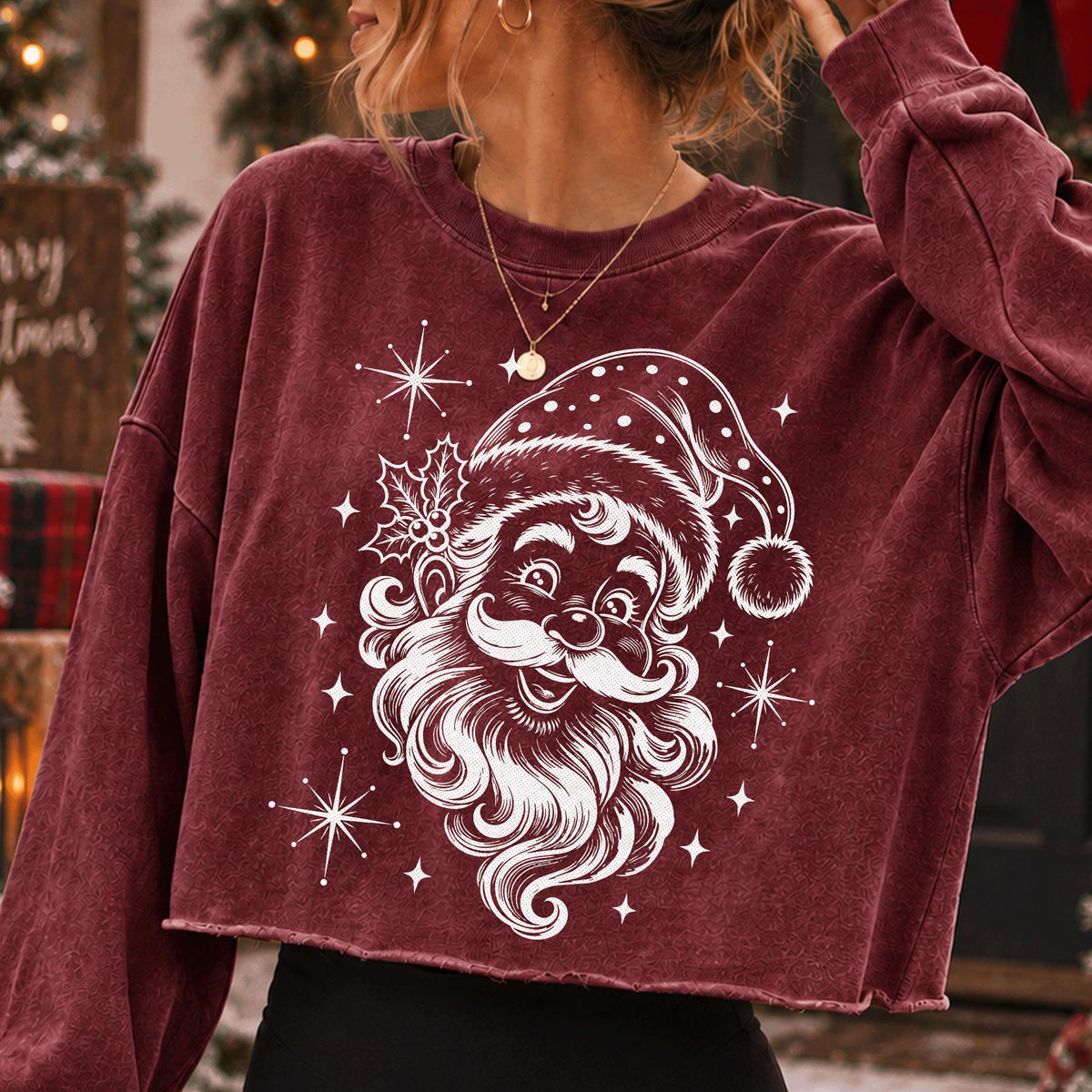Vintage Santa Claus face PNG in white engraving line art for dark shirts - image 6