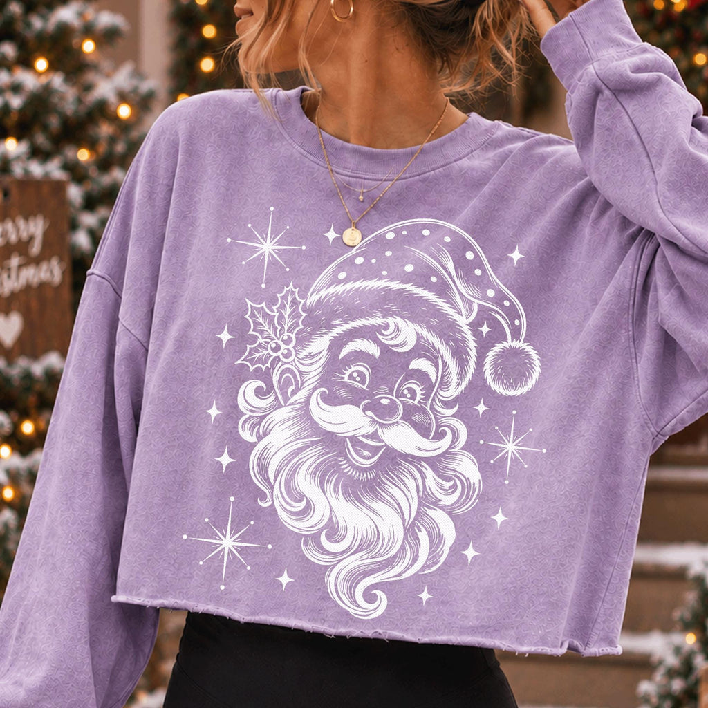 Vintage Santa Claus face PNG in white engraving line art for dark shirts - image 8
