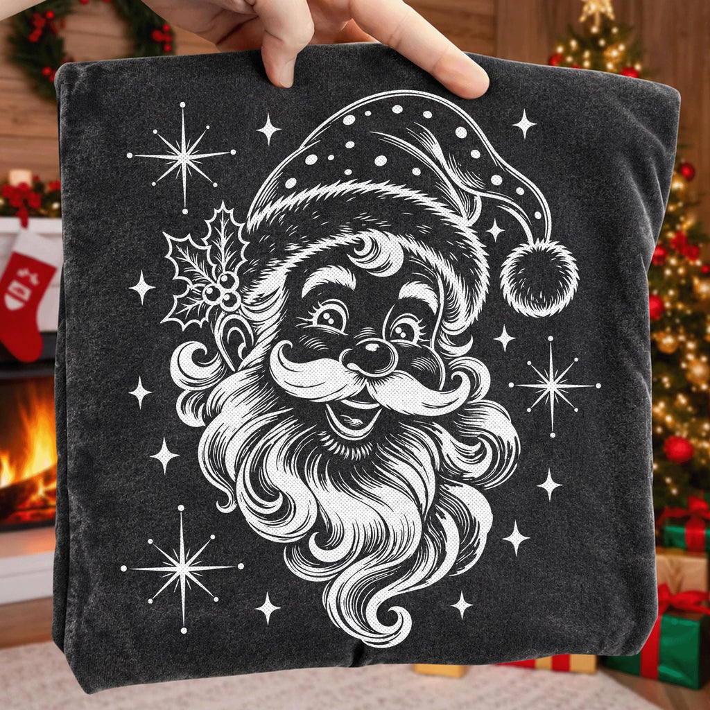 Vintage Santa Claus face PNG in white engraving line art for dark shirts - image 2