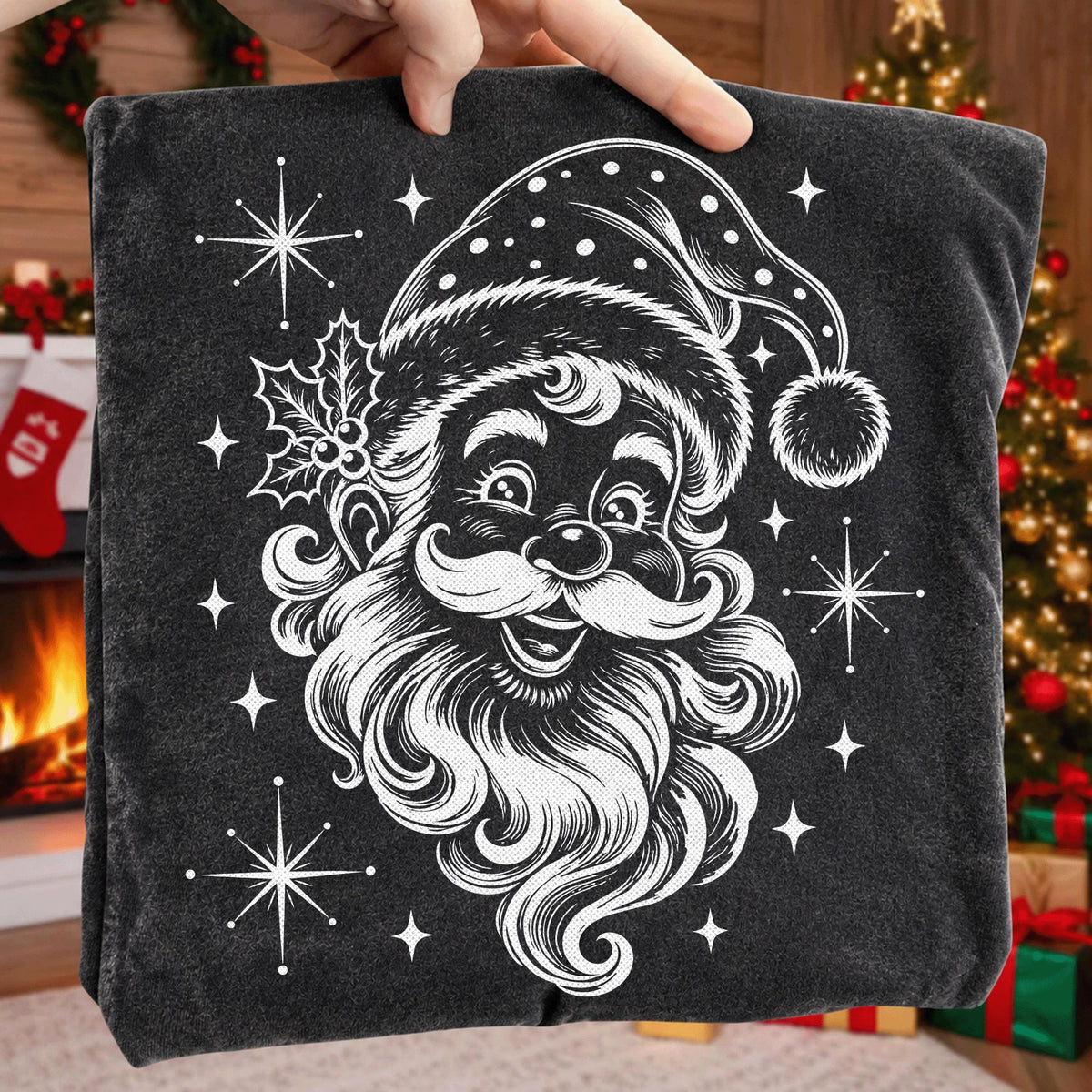 Vintage Santa Claus face PNG in white engraving line art for dark shirts - image 2