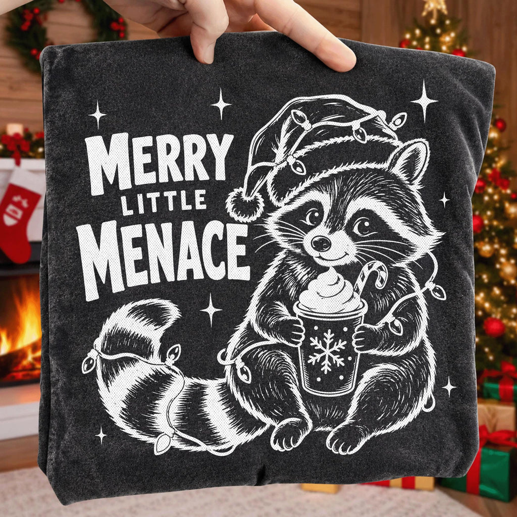 Merry Little Menace Christmas raccoon PNG with Santa hat and holiday lights - image 6