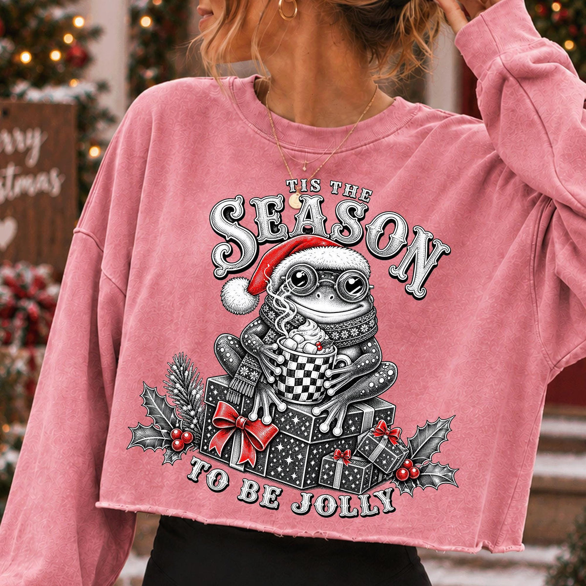 Retro Christmas frog PNG in Santa hat with mug and Tis the Season lettering - image 6