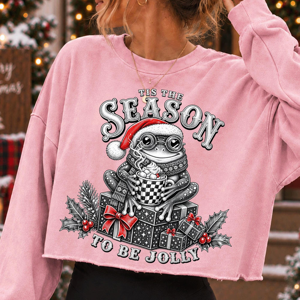 Retro Christmas frog PNG in Santa hat with mug and Tis the Season lettering - image 8