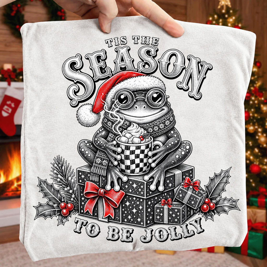 Retro Christmas frog PNG in Santa hat with mug and Tis the Season lettering - image 10