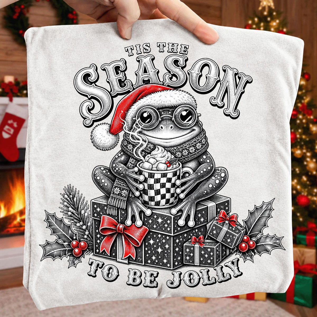Retro Christmas frog PNG in Santa hat with mug and Tis the Season lettering - image 10