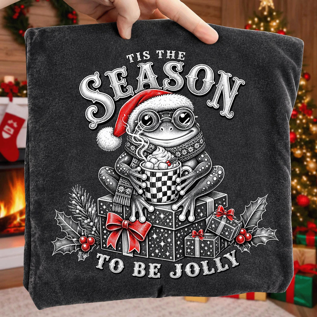 Retro Christmas frog PNG in Santa hat with mug and Tis the Season lettering - image 9