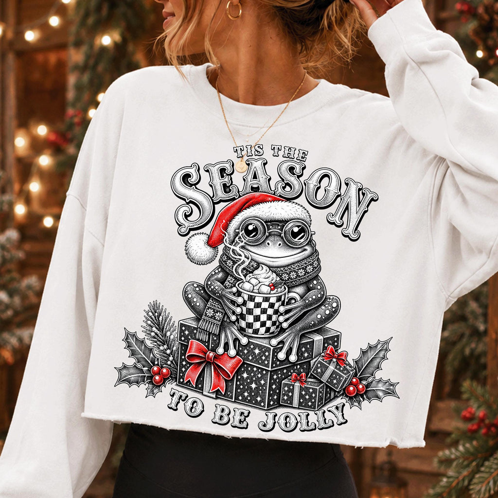 Retro Christmas frog PNG in Santa hat with mug and Tis the Season lettering
