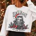 Retro Christmas frog PNG in Santa hat with mug and Tis the Season lettering