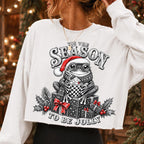 Retro Christmas frog PNG in Santa hat with mug and Tis the Season lettering