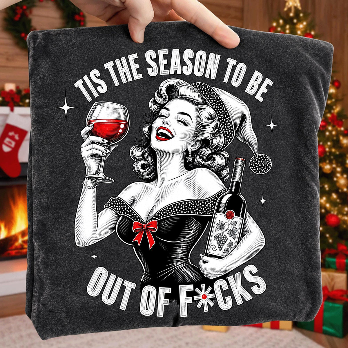 Tis the Season funny Christmas wine PNG with retro woman in Santa hat - image 10