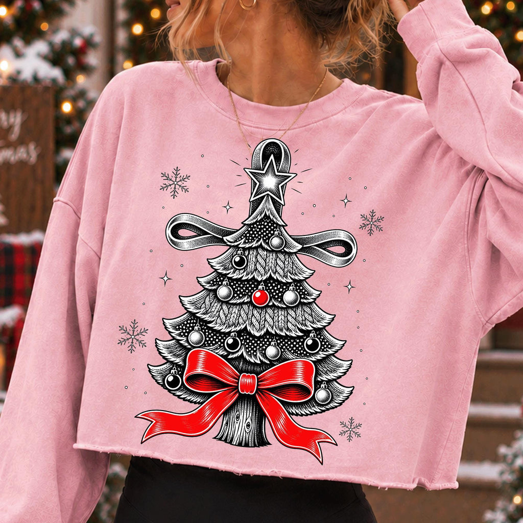 Vintage Christmas tree PNG with red bow star topper and ornaments - image 8