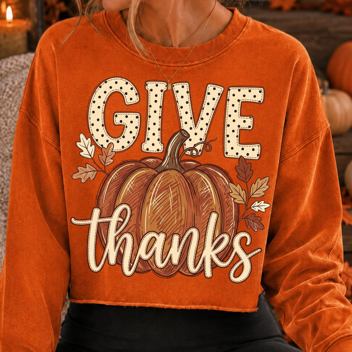 Give Thanks pumpkin fall leaves autumn PNG design - image 2