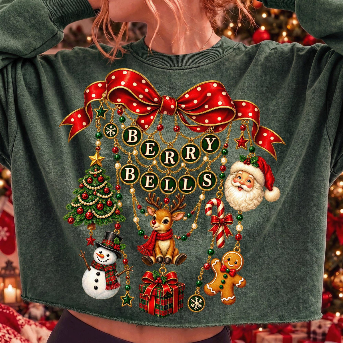vintage coquette Christmas charm bow with berries and bells PNG design - image 6
