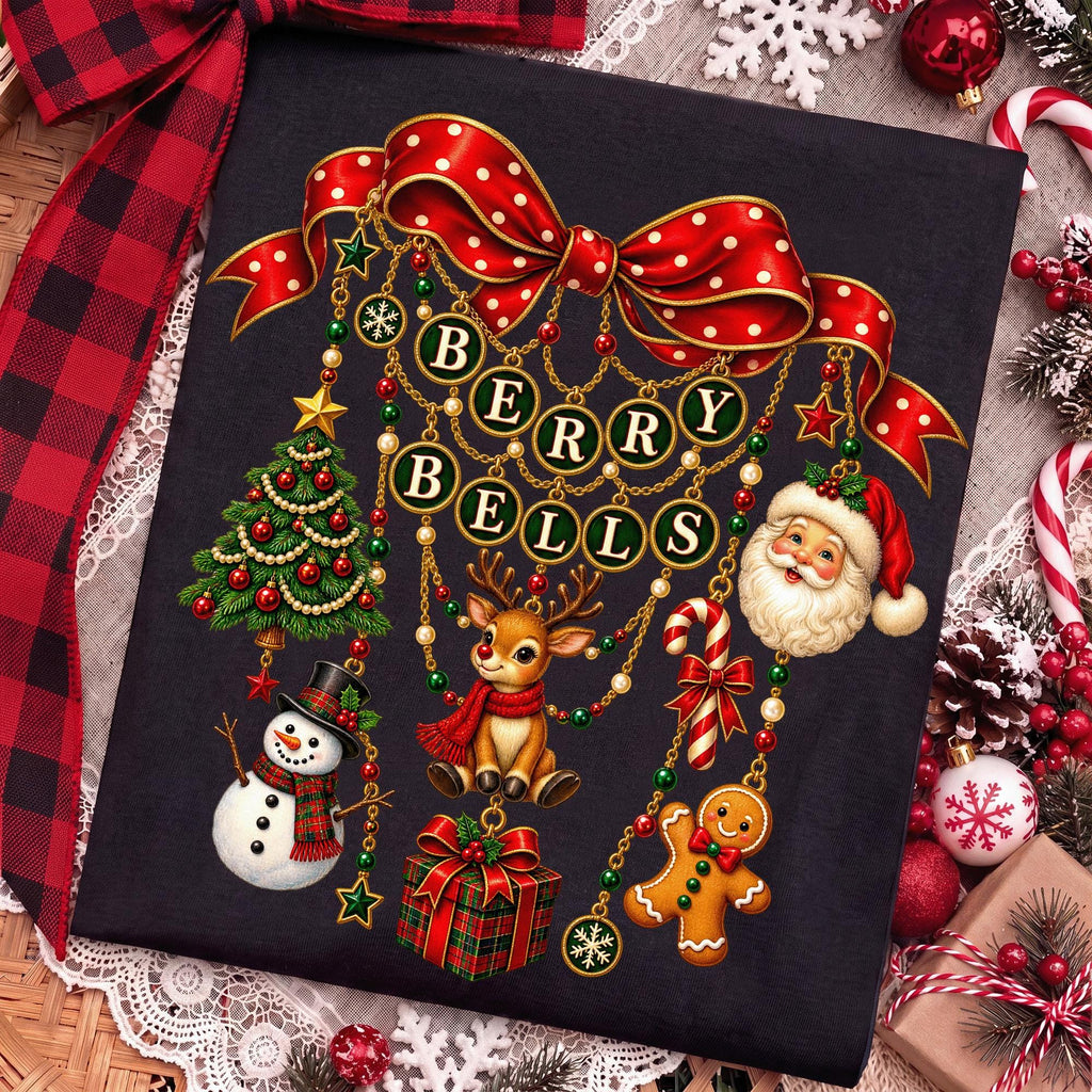 vintage coquette Christmas charm bow with berries and bells PNG design - image 9