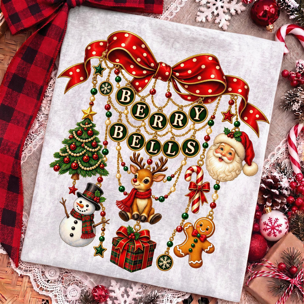 vintage coquette Christmas charm bow with berries and bells PNG design - image 2