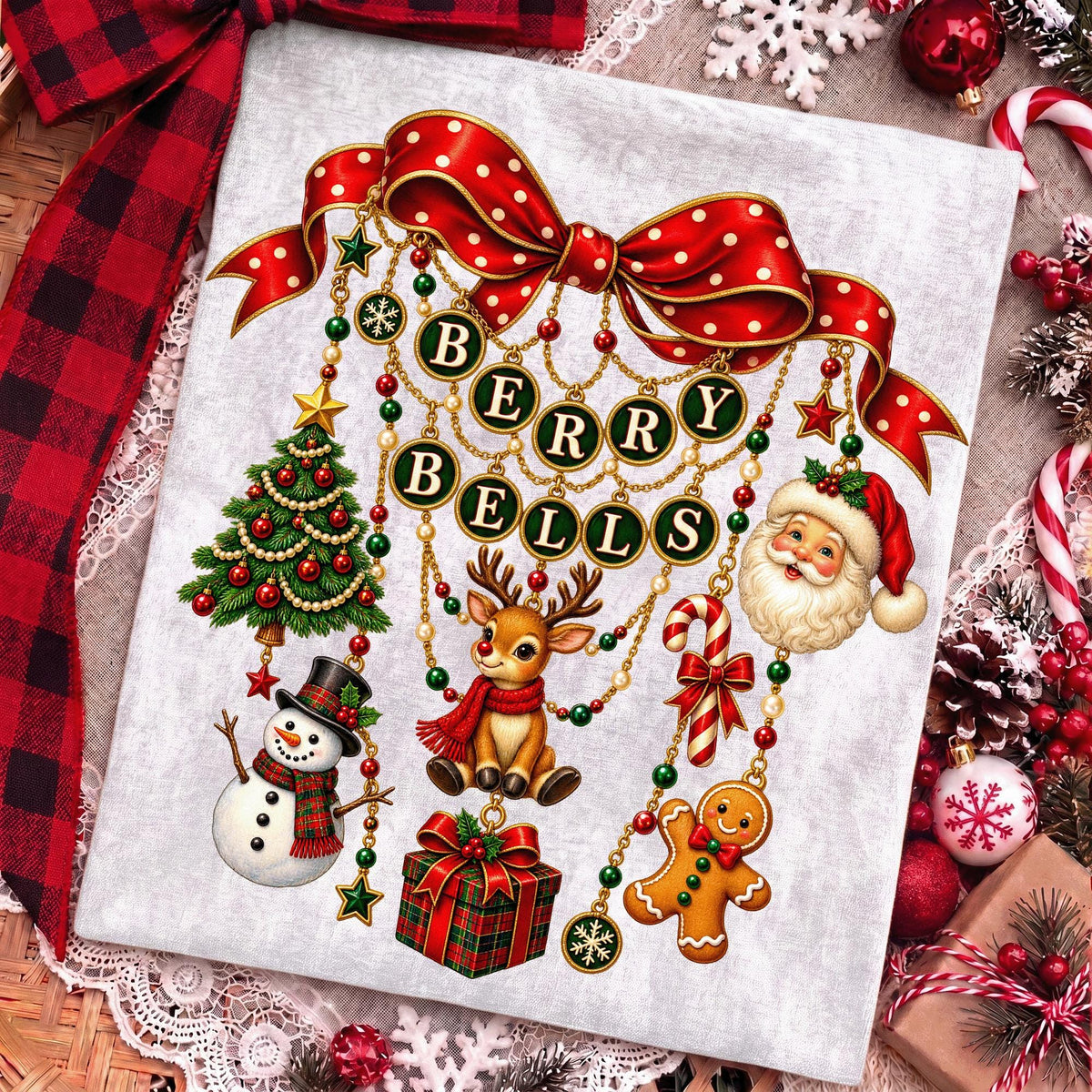 vintage coquette Christmas charm bow with berries and bells PNG design - image 2