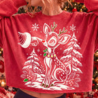 Vintage reindeer Christmas PNG with Santa hand booping a fawn nose - image 2